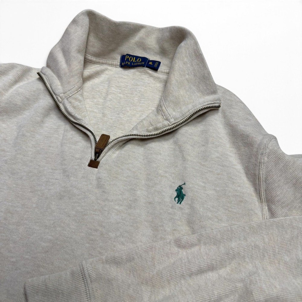 Polo Ralph Lauren Mens XL Quarter Zip Pullover Sweater Cream Beige Green Pony
